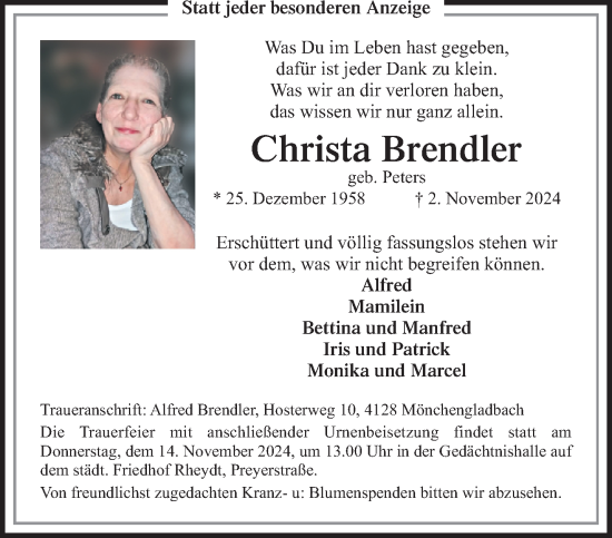 Traueranzeige von Christa Brendler von trauer.extra-tipp-moenchengladbach.de