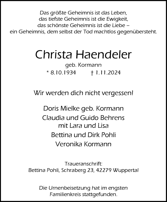 Traueranzeige von Christa Haendeler von trauer.wuppertaler-rundschau.de