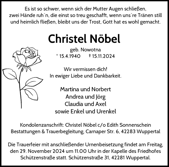 Traueranzeige von Christel Nöbel von trauer.wuppertaler-rundschau.de