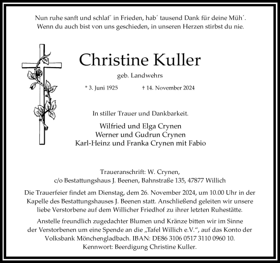 Traueranzeige von Christine Kuller von trauer.extra-tipp-moenchengladbach.de