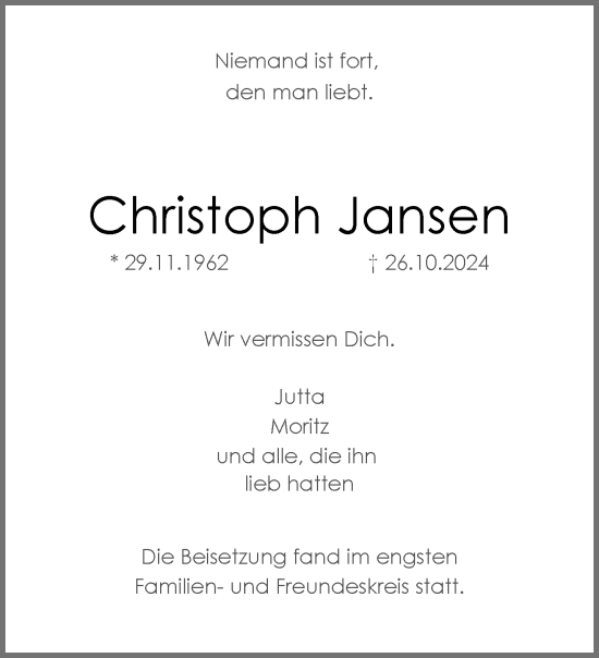 Traueranzeige von Christoph Jansen von trauer.extra-tipp-moenchengladbach.de