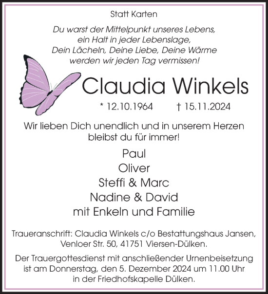 Traueranzeige von Claudia Winkels von trauer.extra-tipp-moenchengladbach.de