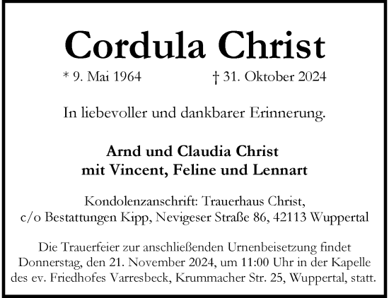 Traueranzeige von Cordula Christ von trauer.wuppertaler-rundschau.de