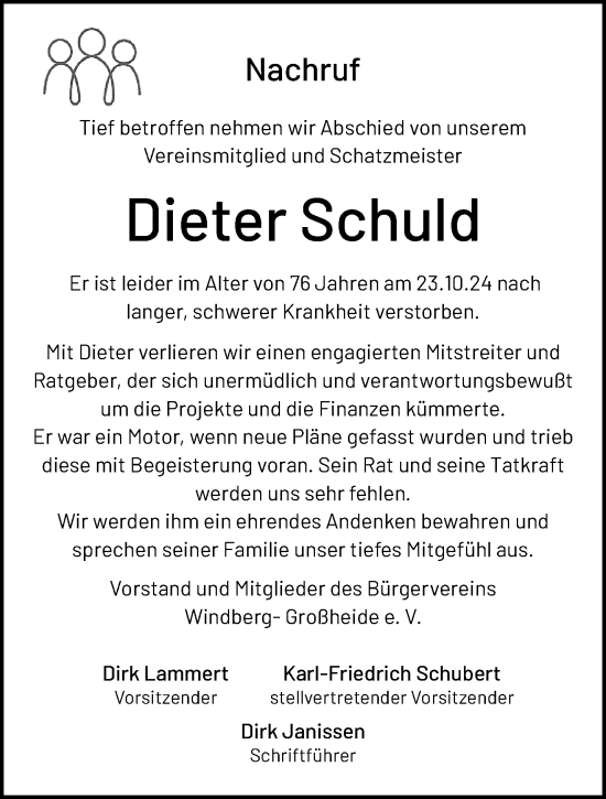 Traueranzeige von Dieter Schuld von trauer.extra-tipp-moenchengladbach.de