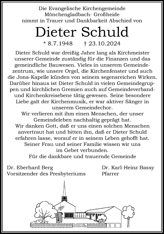 Traueranzeige von Dieter Schuld von trauer.extra-tipp-moenchengladbach.de