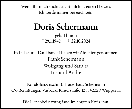 Traueranzeige von Doris Schermann von trauer.wuppertaler-rundschau.de