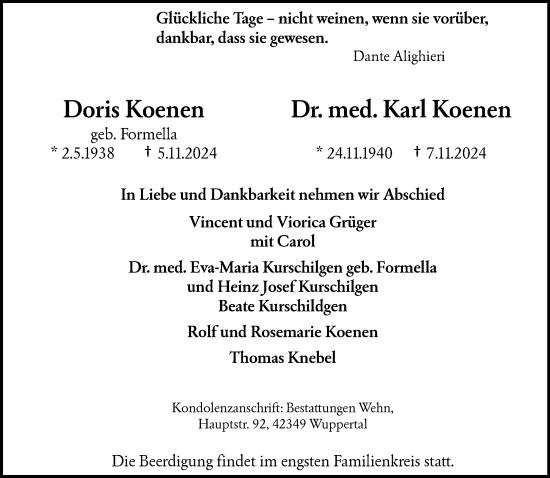 Traueranzeige von Doris undKarl Koenen von trauer.wuppertaler-rundschau.de