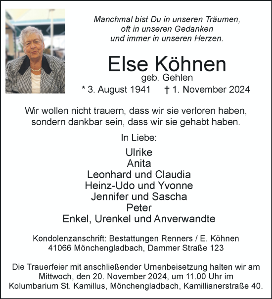 Traueranzeige von Else Köhnen von trauer.extra-tipp-moenchengladbach.de