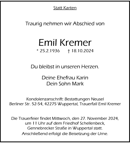 Traueranzeige von Emil Kremer von trauer.wuppertaler-rundschau.de