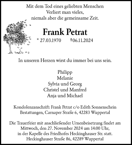 Traueranzeige von Frank Petrat von trauer.wuppertaler-rundschau.de