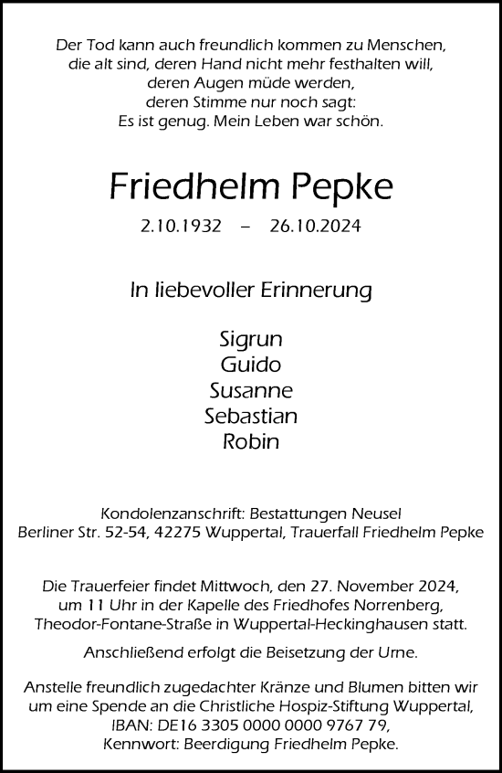 Traueranzeige von Friedhelm Pepke von trauer.wuppertaler-rundschau.de