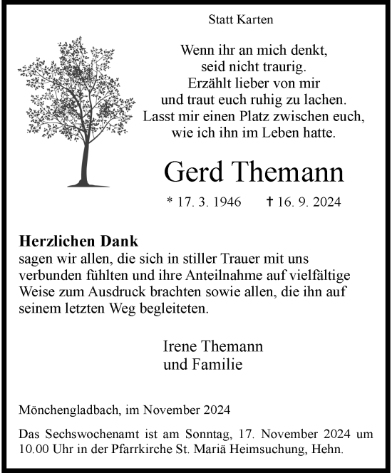 Traueranzeige von Gerd Themann von trauer.extra-tipp-moenchengladbach.de