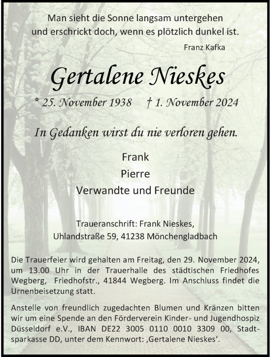 Traueranzeige von Gertalene Nieskes von trauer.extra-tipp-moenchengladbach.de