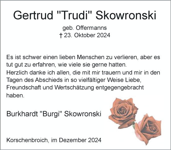 Traueranzeige von Gertrud Skowronski von trauer.extra-tipp-moenchengladbach.de