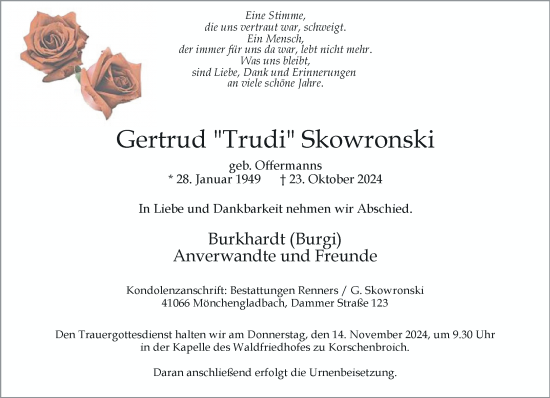 Traueranzeige von Gertrud Skowronski von trauer.extra-tipp-moenchengladbach.de