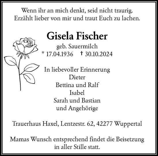 Traueranzeige von Gisela Fischer von trauer.wuppertaler-rundschau.de