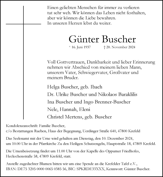 Traueranzeige von Günter Buscher von trauer.extra-tipp-moenchengladbach.de