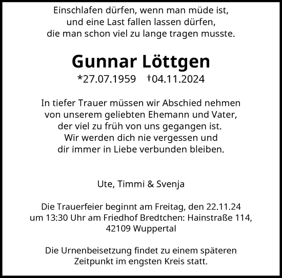 Traueranzeige von Gunnar Löttgen von trauer.wuppertaler-rundschau.de