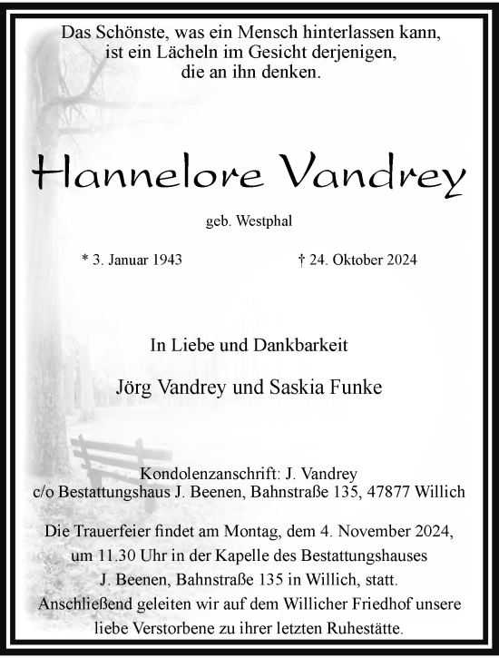 Traueranzeige von Hannelore Vandrey von trauer.extra-tipp-moenchengladbach.de