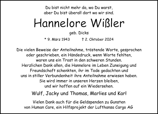 Traueranzeige von Hannelore Wißler von trauer.extra-tipp-moenchengladbach.de