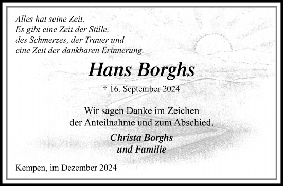 Traueranzeige von Hans Borghs von trauer.extra-tipp-moenchengladbach.de