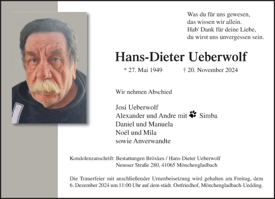 Traueranzeige von Hans-Dieter Ueberwolf von trauer.extra-tipp-moenchengladbach.de