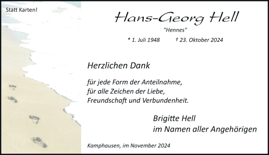 Traueranzeige von Hans-Georg Hell von trauer.stadt-kurier.de