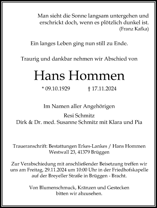 Traueranzeige von Hans Hommen von trauer.extra-tipp-moenchengladbach.de