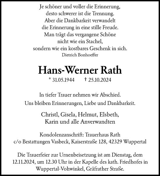 Traueranzeige von Hans-Werner Rath von trauer.wuppertaler-rundschau.de