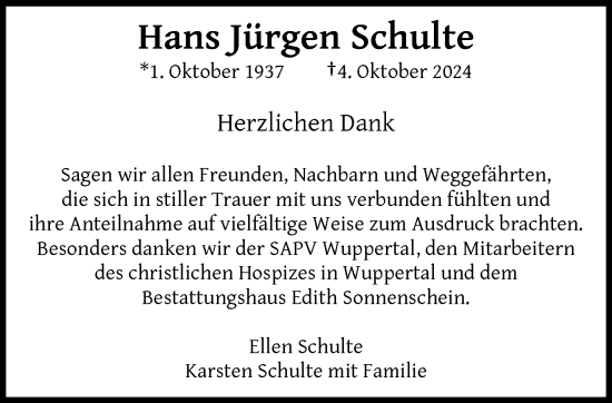 Traueranzeige von Hans Jürgen Schulte von trauer.wuppertaler-rundschau.de