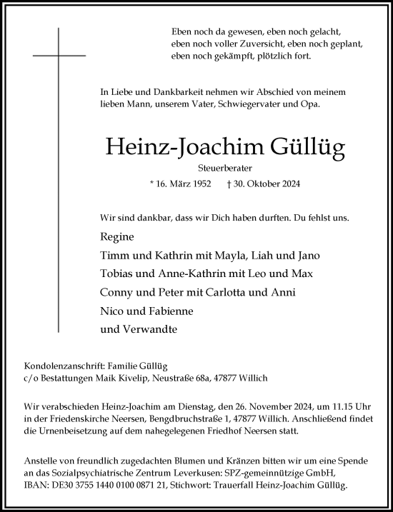 Traueranzeige von Heinz-Joachim Güllüg von trauer.extra-tipp-moenchengladbach.de