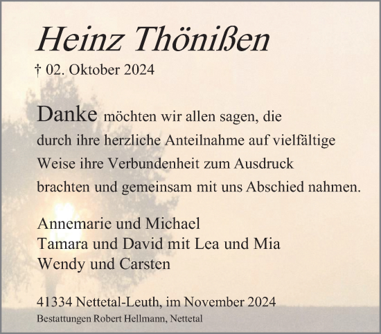 Traueranzeige von Heinz Thönißen von trauer.extra-tipp-moenchengladbach.de