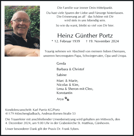 Traueranzeige von Heinz Günther Portz von trauer.extra-tipp-moenchengladbach.de