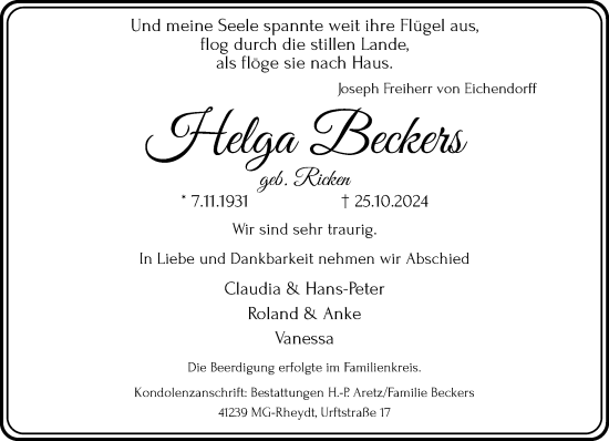 Traueranzeige von Helga Beckers von trauer.extra-tipp-moenchengladbach.de