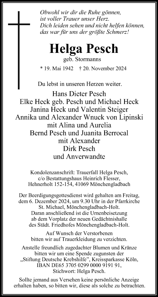 Traueranzeige von Helga Pesch von trauer.extra-tipp-moenchengladbach.de