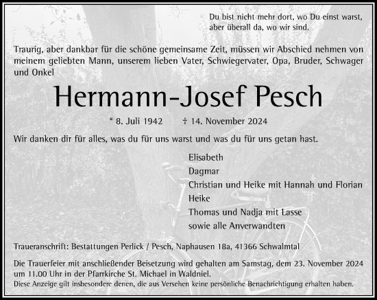 Traueranzeige von Hermann Josef Pesch von trauer.extra-tipp-moenchengladbach.de