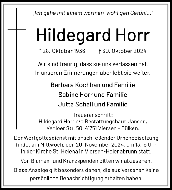 Traueranzeige von Hildegard Horr von trauer.extra-tipp-moenchengladbach.de