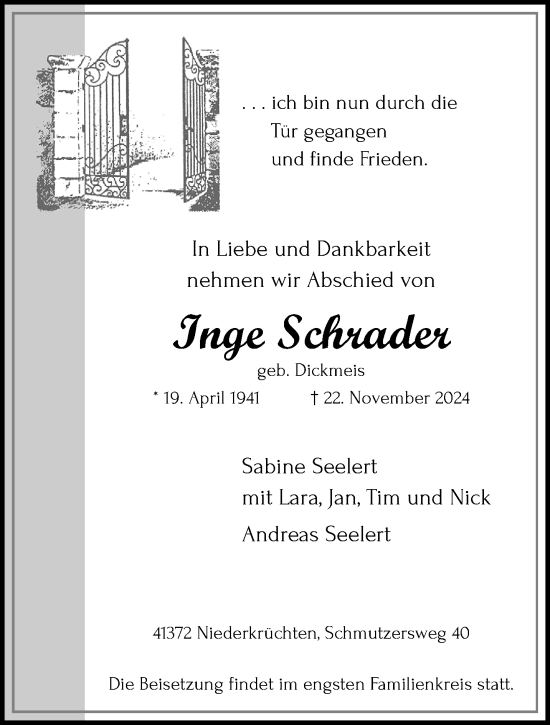 Traueranzeige von Inge Schrader von trauer.extra-tipp-moenchengladbach.de