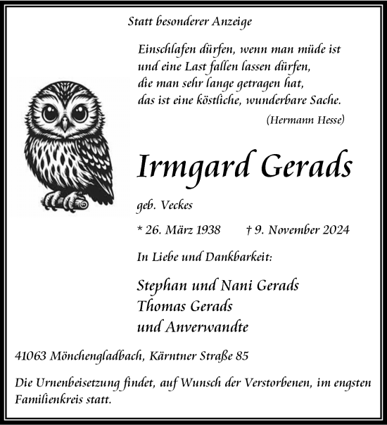 Traueranzeige von Irmgard Gerads von trauer.extra-tipp-moenchengladbach.de