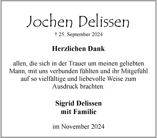 Traueranzeige von Jochen Delissen von trauer.wuppertaler-rundschau.de