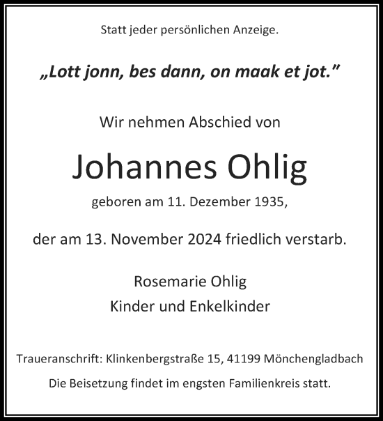 Traueranzeige von Johannes Ohlig von trauer.extra-tipp-moenchengladbach.de