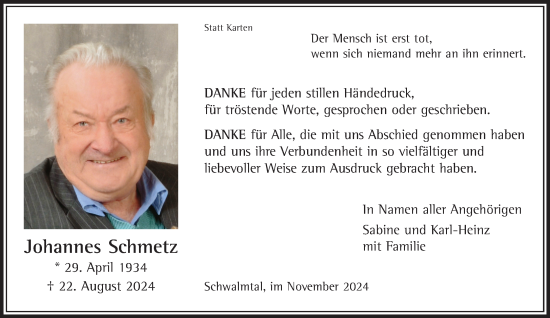 Traueranzeige von Johannes Schmetz von trauer.extra-tipp-moenchengladbach.de