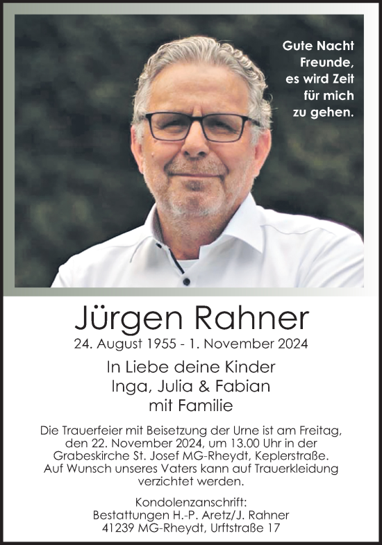 Traueranzeige von Jürgen Rahner von trauer.extra-tipp-moenchengladbach.de