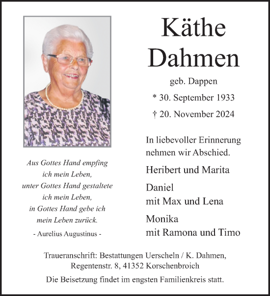 Traueranzeige von Käthe Dahmen von trauer.extra-tipp-moenchengladbach.de