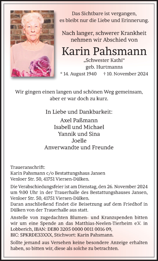 Traueranzeige von Karin Pahsmann von trauer.extra-tipp-moenchengladbach.de