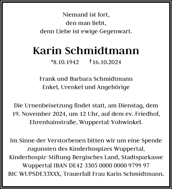 Traueranzeige von Karin Schmidtmann von trauer.wuppertaler-rundschau.de