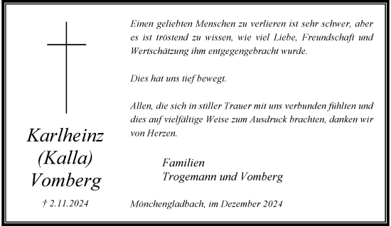 Traueranzeige von Karlheinz Vomberg von trauer.extra-tipp-moenchengladbach.de