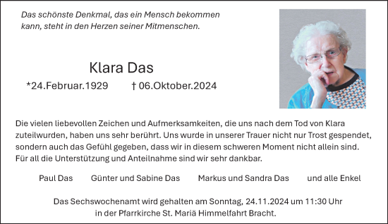 Traueranzeige von Klara Das von trauer.extra-tipp-moenchengladbach.de