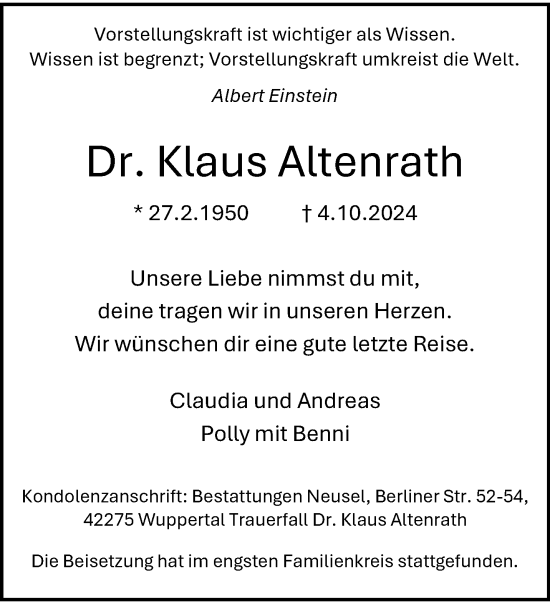 Traueranzeige von Klaus Altenrath von trauer.wuppertaler-rundschau.de