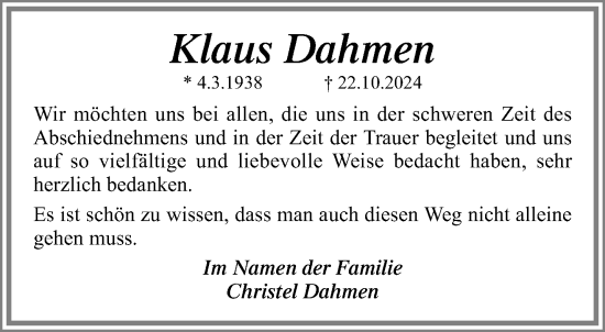 Traueranzeige von Klaus Dahmen von trauer.extra-tipp-moenchengladbach.de